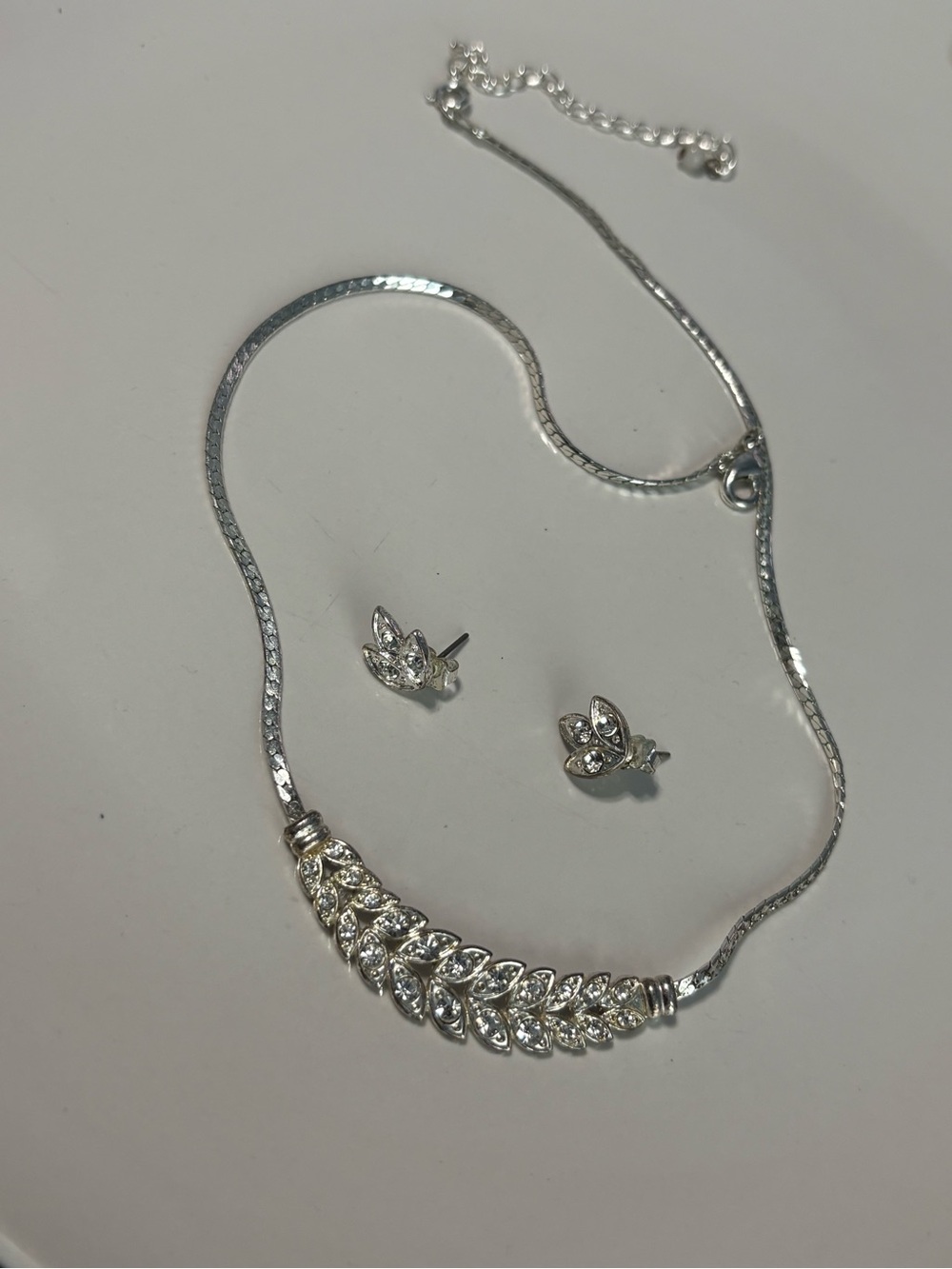 Avon Silver-Tone Leaf Crystal Necklace with Matching Studs